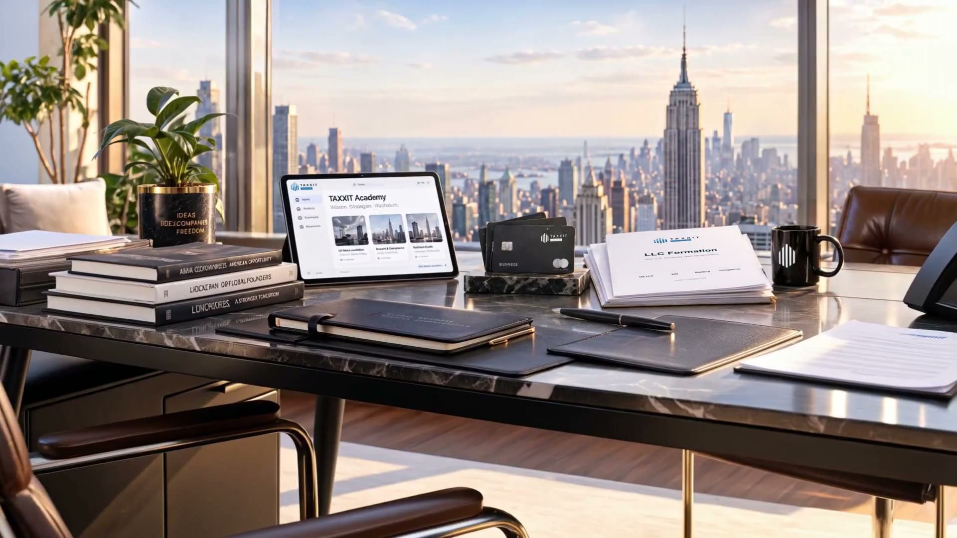 Heller Schreibtisch vor der Skyline von Manhattan: Tablet mit der TAXXIT Academy links, Business-Credit-Karten in der Mitte, LLC-Unterlagen rechts